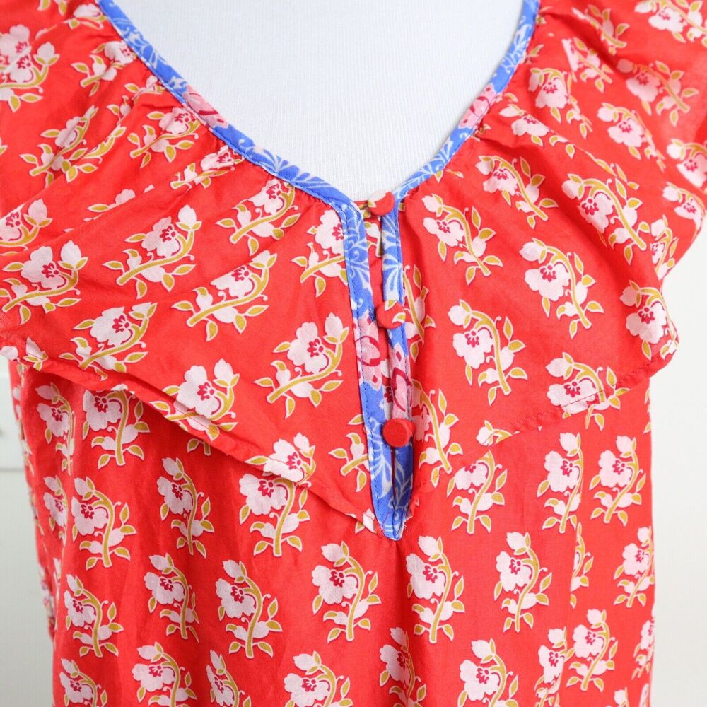 J Crew Size S Ruffle V Neck Top Cotton Classic Block Print Orange - Picture 8 of 11